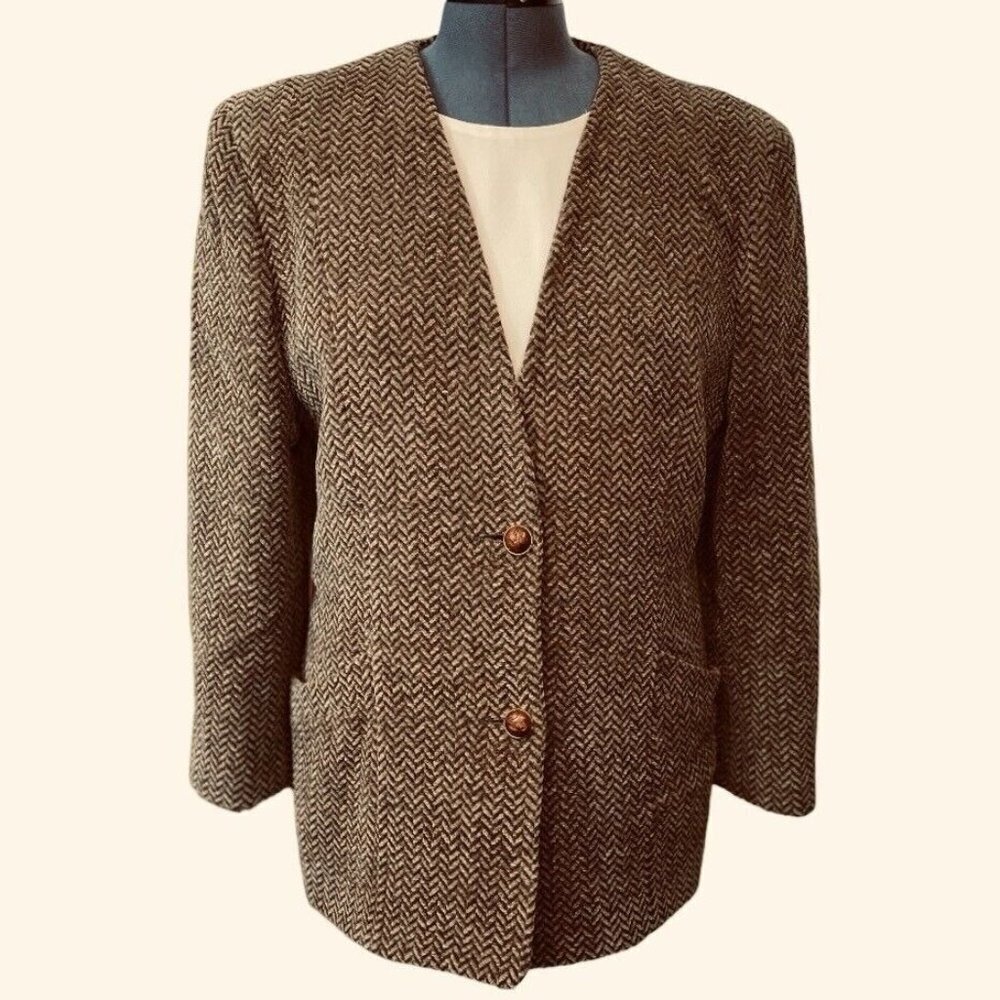 Vintage Ferragamo Herringbone Wool Blend Blazer Jacket Brown Size 14 Italy
